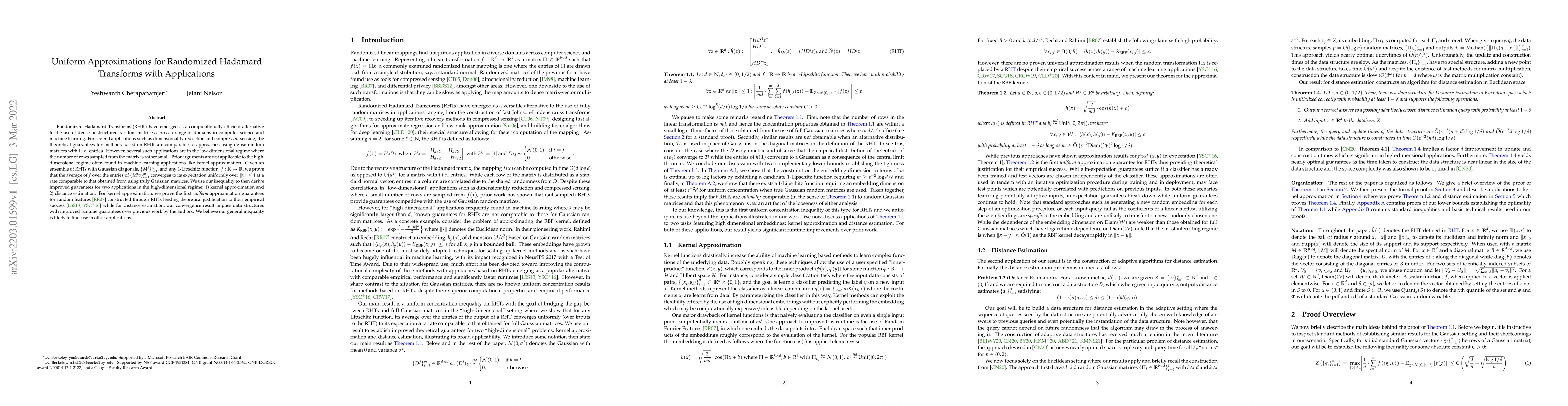 Thumbnail for Uniform Approximations for Randomized Hadamard Transforms with
  Applications