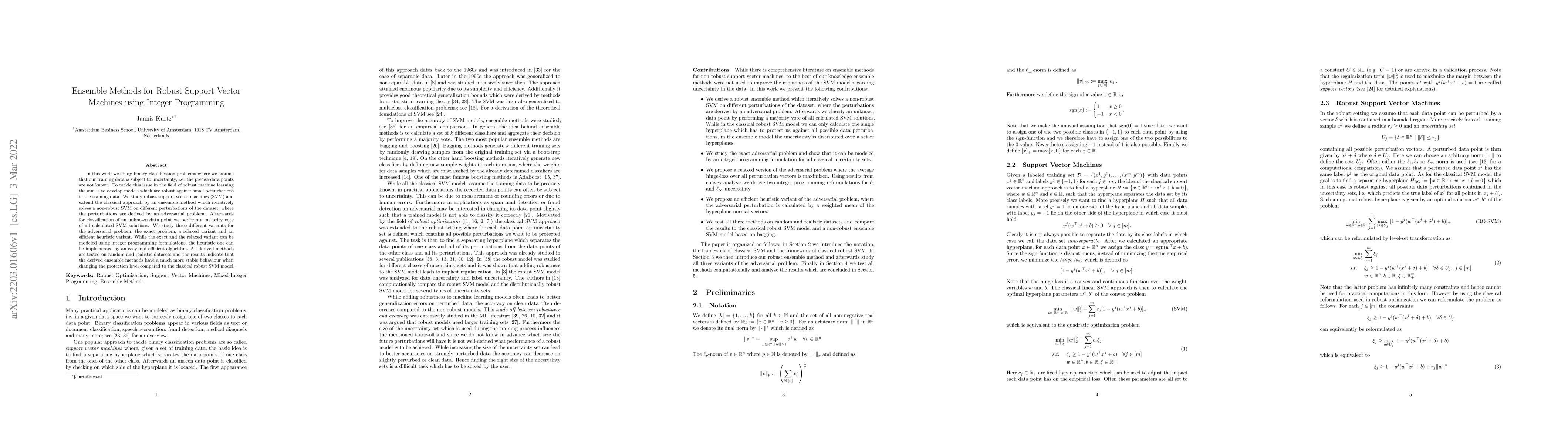 Thumbnail for Ensemble Methods for Robust Support Vector Machines using Integer
  Programming