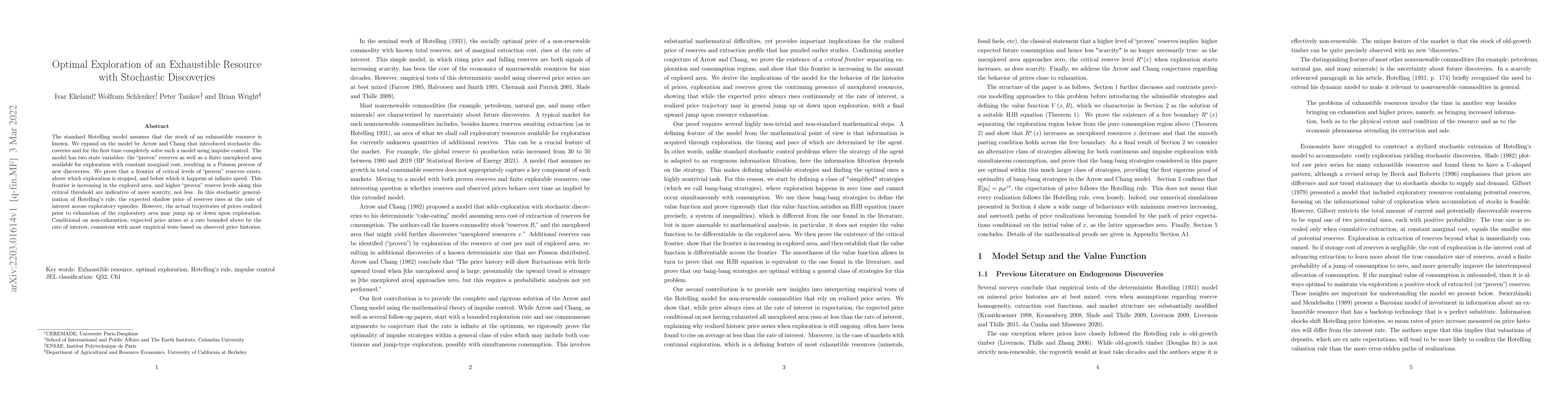 Thumbnail for Optimal Exploration of an Exhaustible Resource with Stochastic
  Discoveries