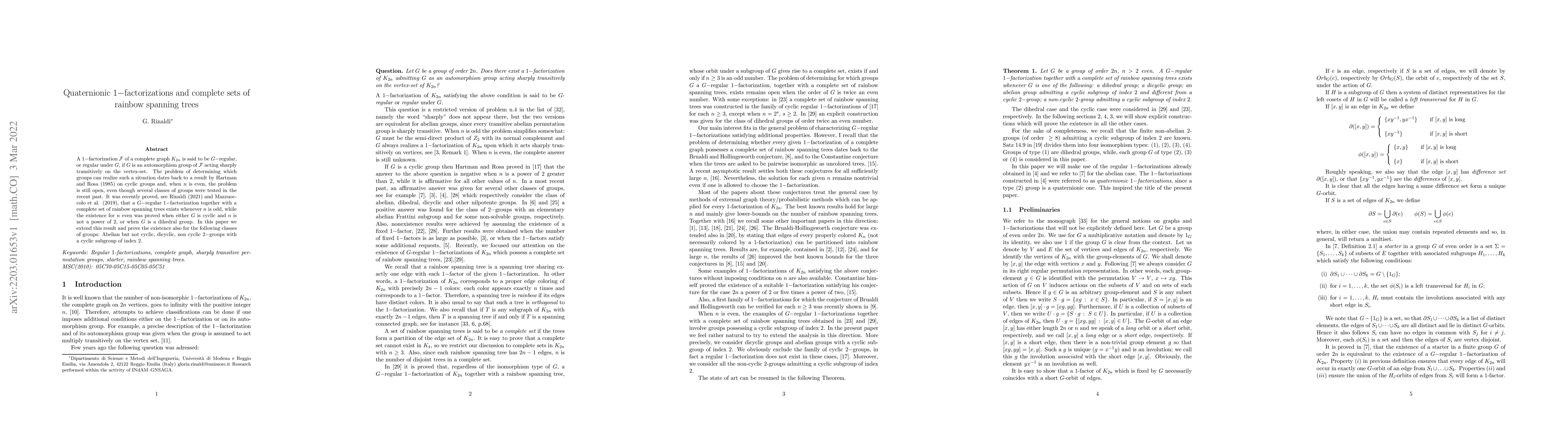 Thumbnail for Quaternionic $1-$factorizations and complete sets of rainbow spanning
  trees