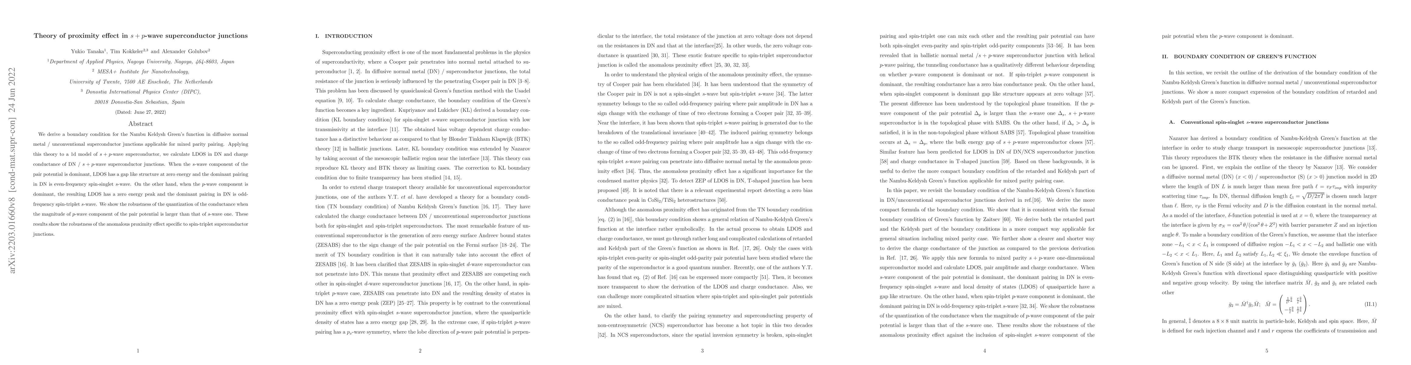 Thumbnail for Theory of proximity effect in $s+p$-wave superconductor junctions