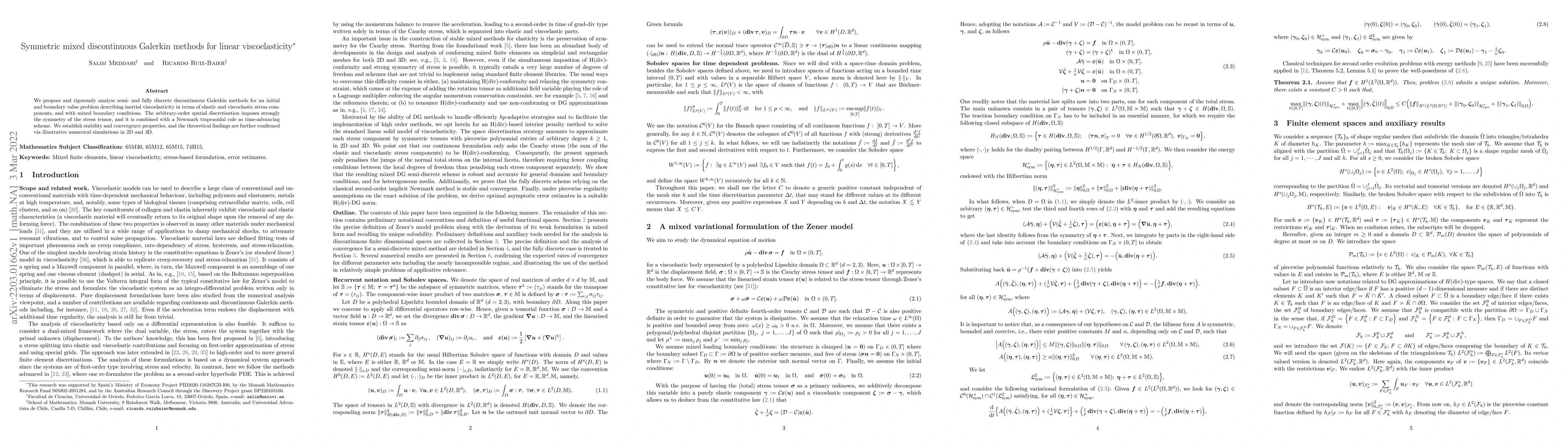 Thumbnail for Symmetric mixed discontinuous Galerkin methods for linear
  viscoelasticity