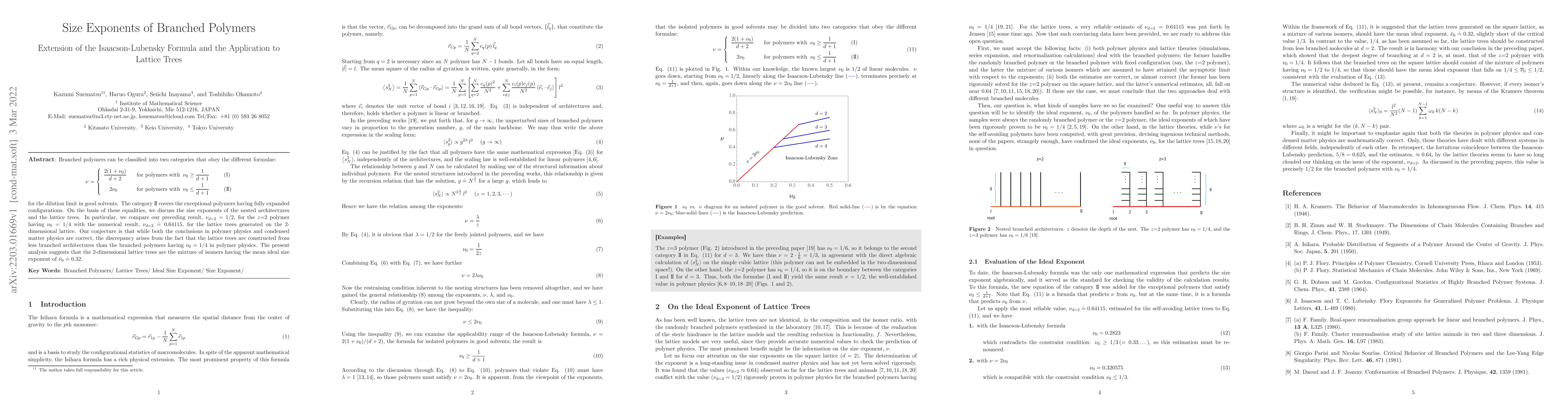 Thumbnail for Size Exponents of Branched Polymers/ Extension of the Isaacson-Lubensky
  Formula and the Application to Lattice Trees