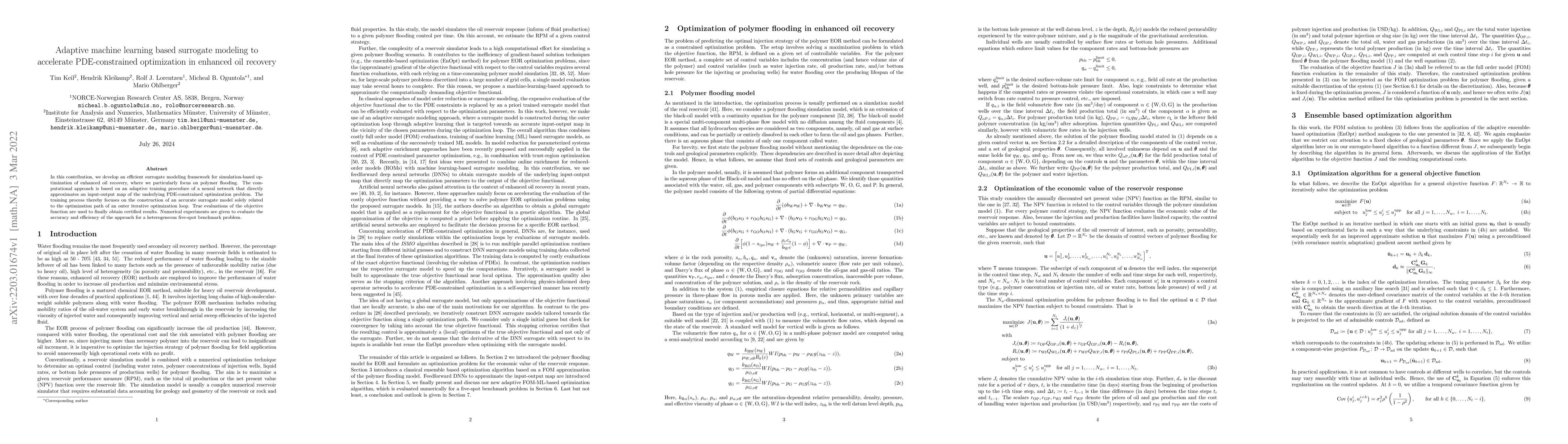 Thumbnail for Adaptive machine learning based surrogate modeling to accelerate
  PDE-constrained optimization in enhanced oil recovery