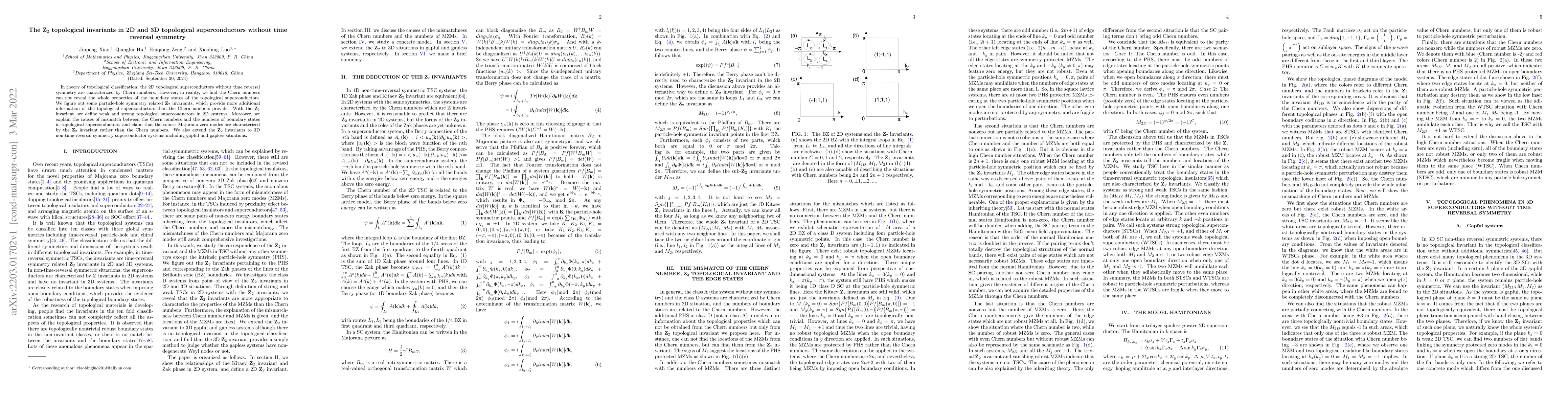 Thumbnail for The $\mathbf{Z}_{2}$ topological invariants in 2D and 3D topological
  superconductors without time reversal symmetry
