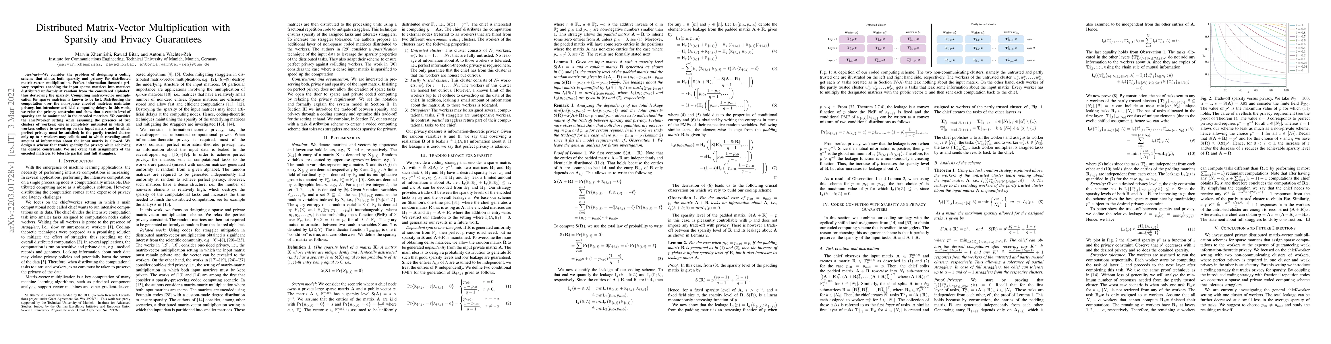 Thumbnail for Distributed Matrix-Vector Multiplication with Sparsity and Privacy
  Guarantees