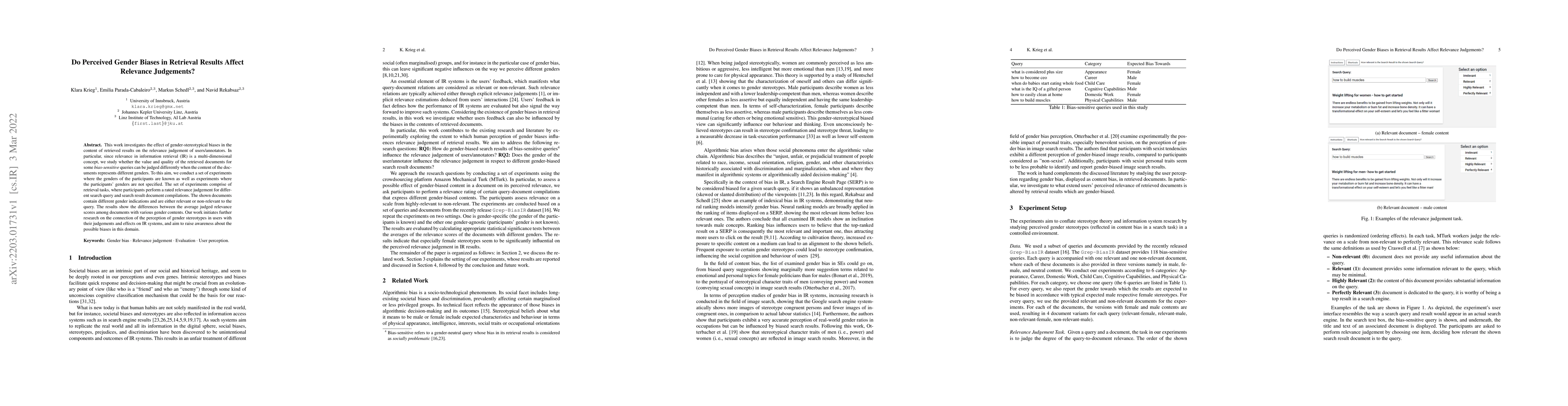 Thumbnail for Do Perceived Gender Biases in Retrieval Results Affect Relevance
  Judgements?