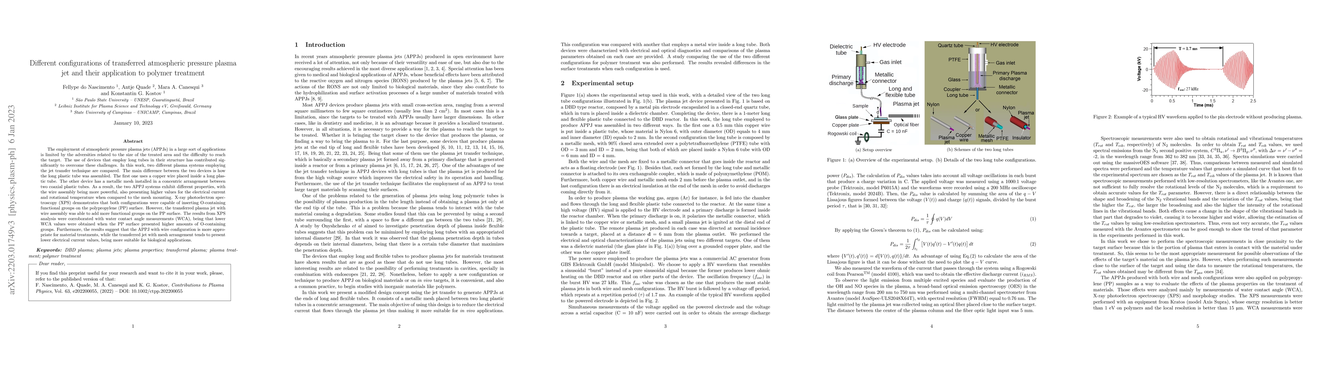 Thumbnail for Different configurations of transferred atmospheric pressure plasma jet
  and their application to polymer treatment