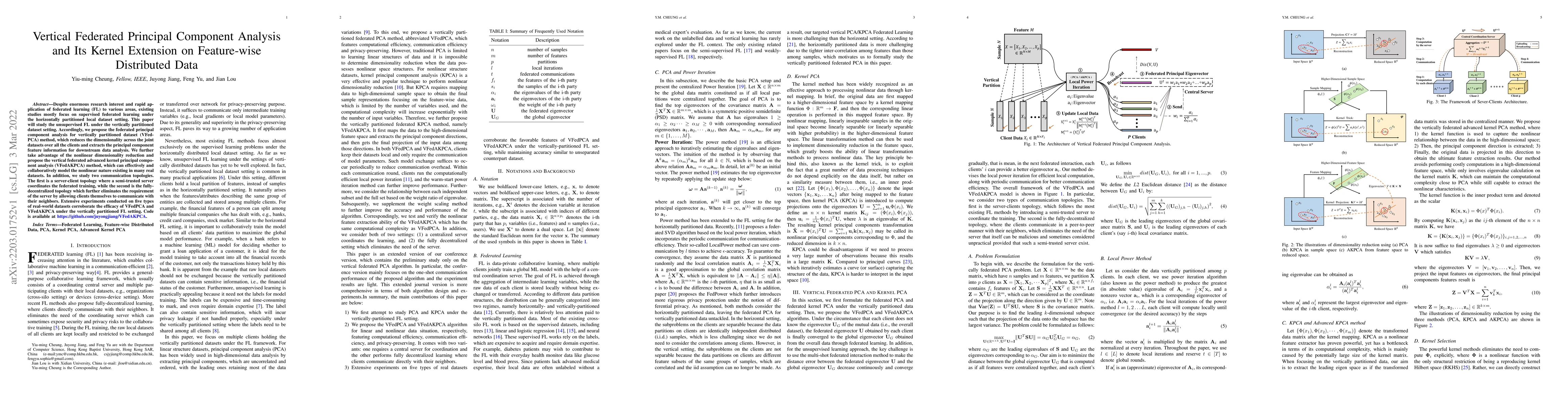 Thumbnail for Vertical Federated Principal Component Analysis and Its Kernel Extension
  on Feature-wise Distributed Data