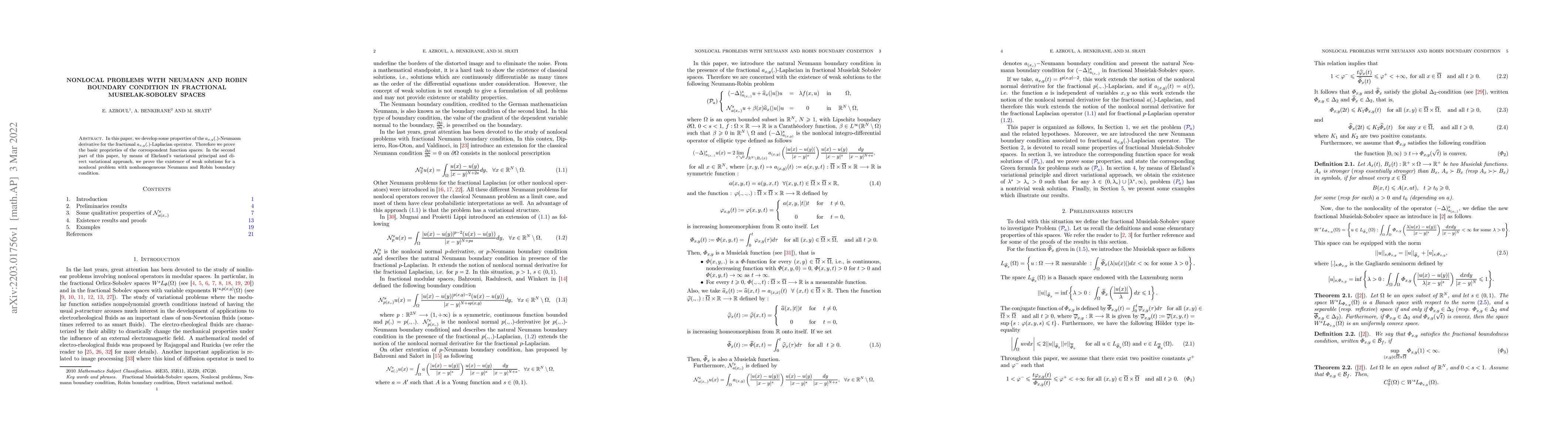 Thumbnail for Nonlocal problems with Neumann and Robin boundary condition in
  fractional Musielak-Sobolev spaces