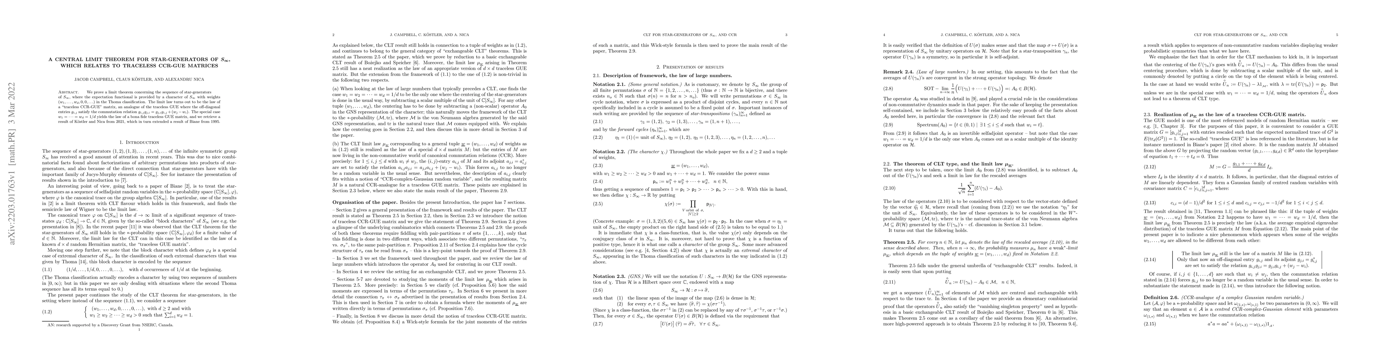 Thumbnail for A central limit theorem for star-generators of $S_{\infty}$, which
  relates to traceless CCR-GUE matrices