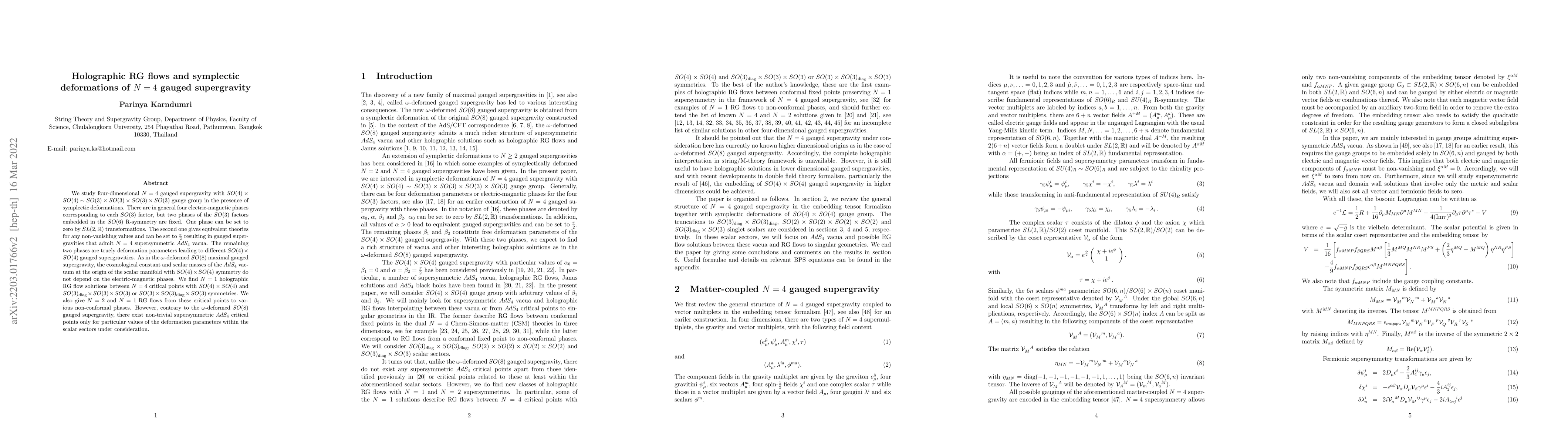 Thumbnail for Holographic RG flows and symplectic deformations of N=4 gauged
  supergravity