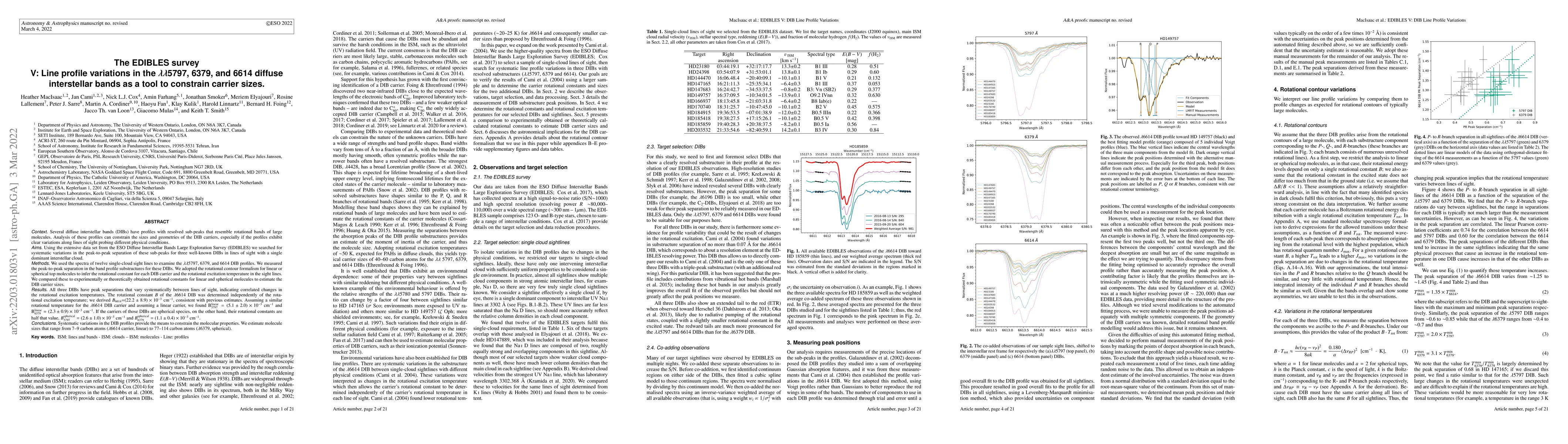 Thumbnail for The EDIBLES survey V: Line profile variations in the
  $\lambda\lambda$5797, 6379, and 6614 diffuse interstellar bands as a tool to
  constrain carrier sizes