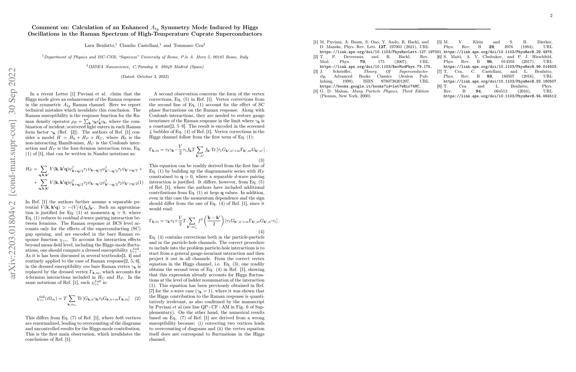 Thumbnail for Comment on: Calculation of an Enhanced $A_{1g}$ Symmetry Mode Induced by
  Higgs Oscillations in the Raman Spectrum of High-Temperature Cuprate
  Superconductors
