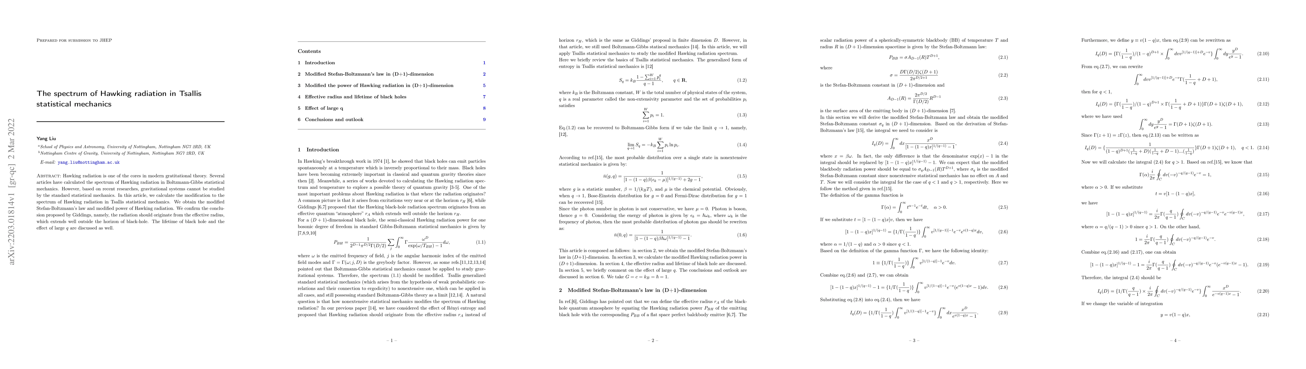 Thumbnail for The spectrum of Hawking radiation in Tsallis statistical mechanics