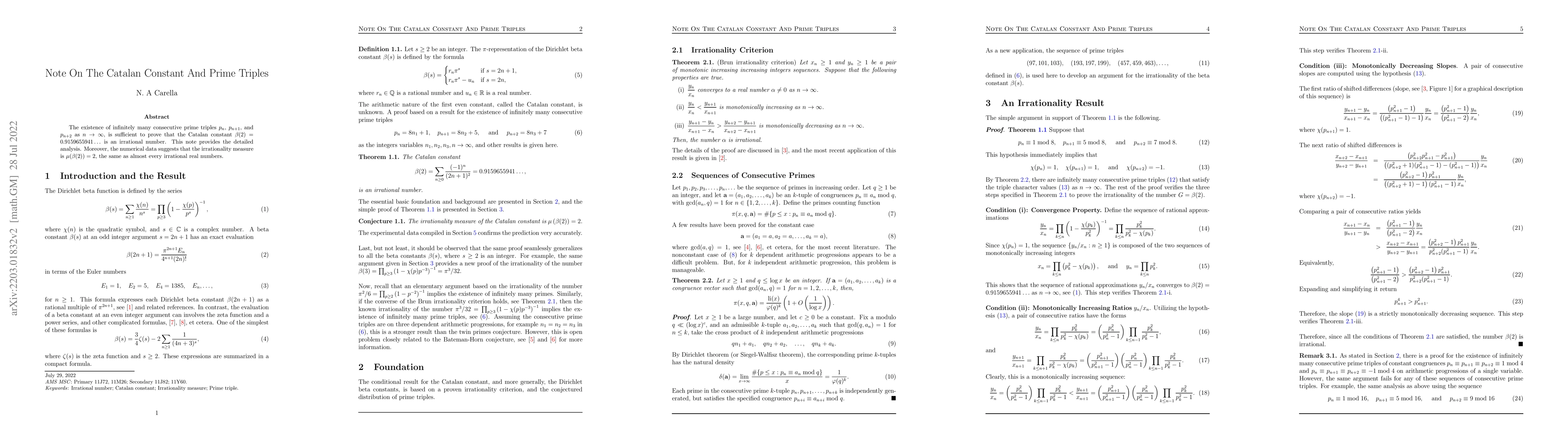 Thumbnail for Note On The Catalan Constant And Prime Triples