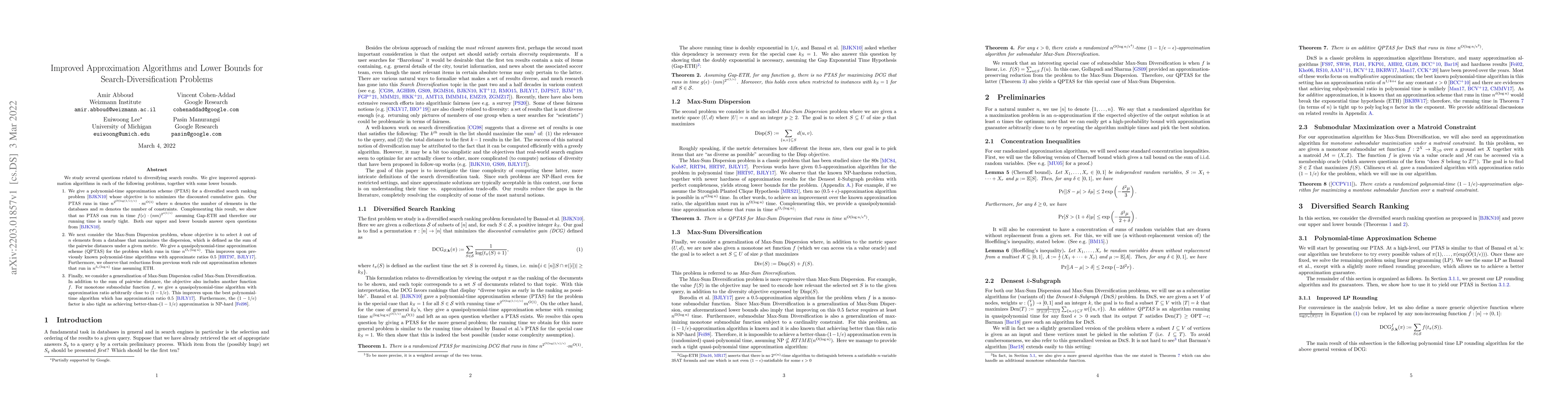 Thumbnail for Improved Approximation Algorithms and Lower Bounds for
  Search-Diversification Problems