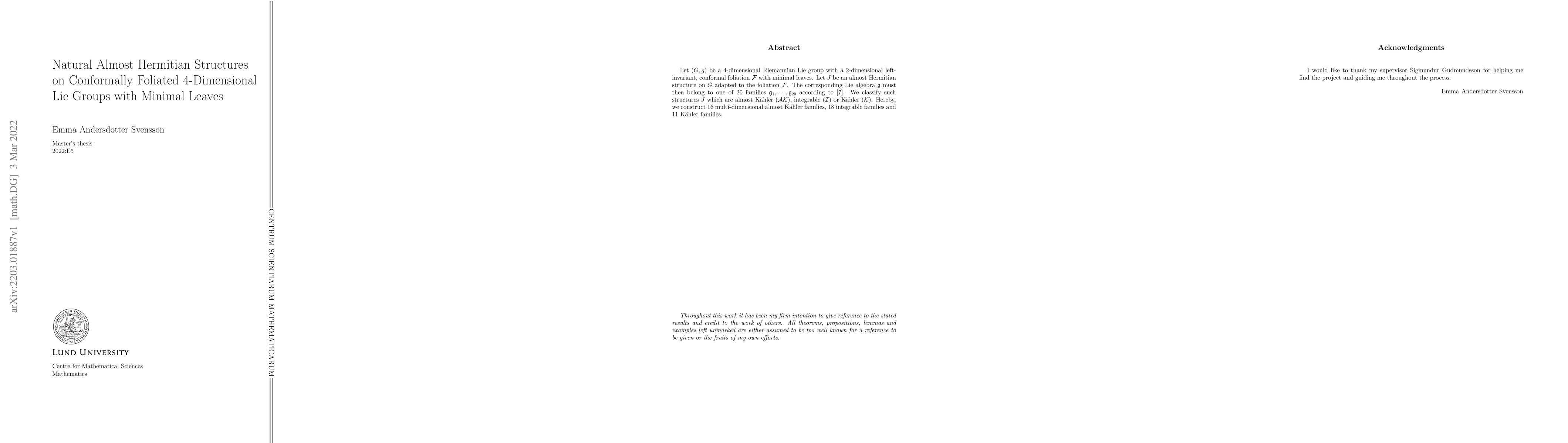 Thumbnail for Natural Almost Hermitian Structures on Conformally Foliated
  4-Dimensional Lie Groups with Minimal Leaves