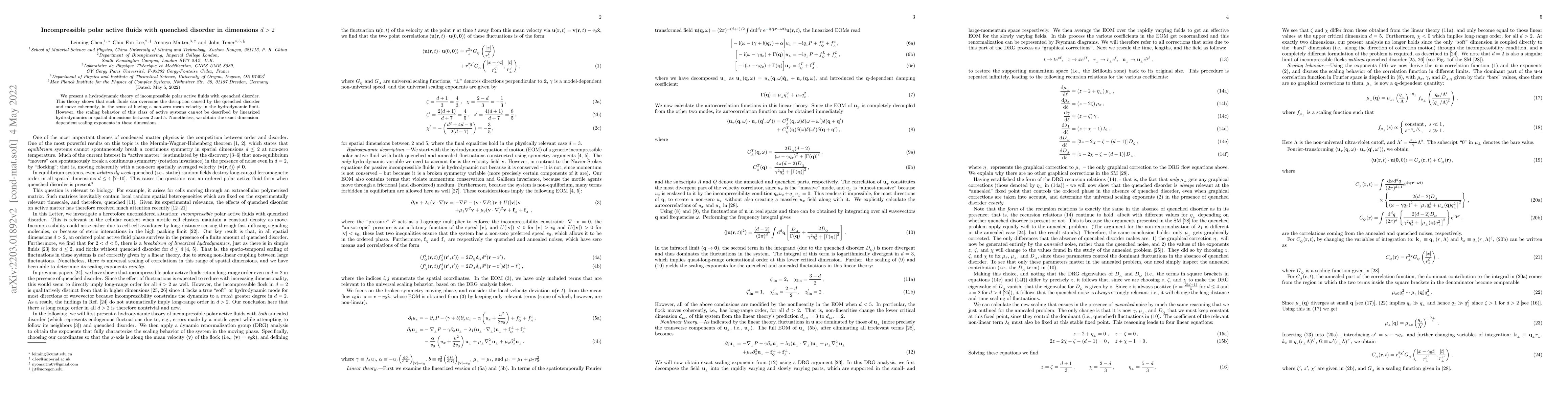 Thumbnail for Incompressible polar active fluids with quenched disorder in dimensions
  $d> 2$