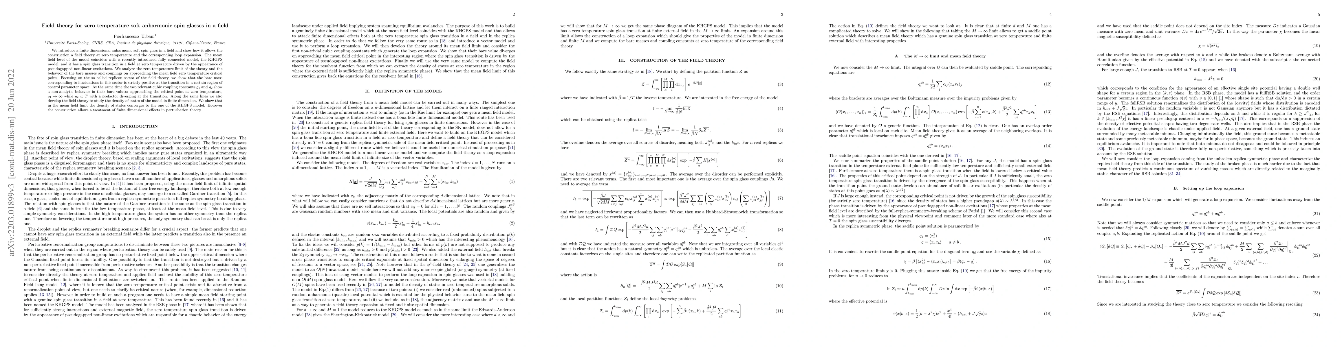 Thumbnail for Field theory for zero temperature soft anharmonic spin glasses in a
  field