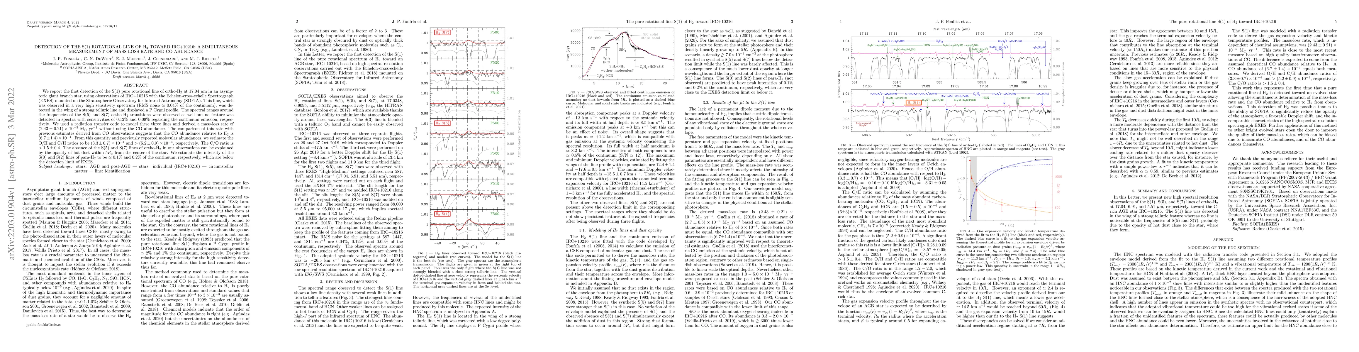 Thumbnail for Detection of the S(1) Rotational Line of H2 toward IRC+10216: A
  Simultaneous Measurement of Mass-Loss Rate and CO Abundance