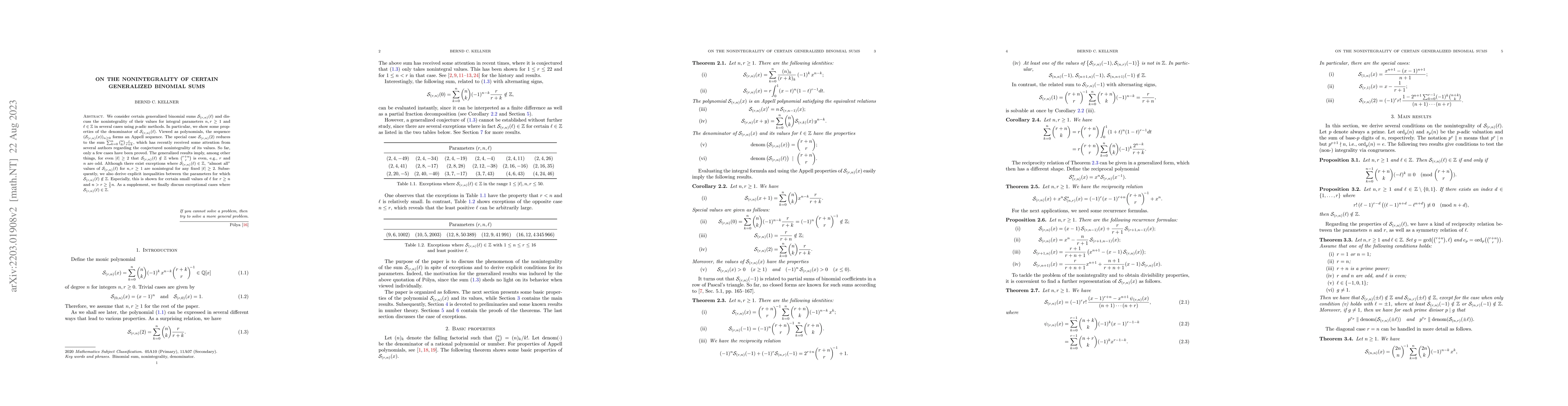 Thumbnail for On the nonintegrality of certain generalized binomial sums