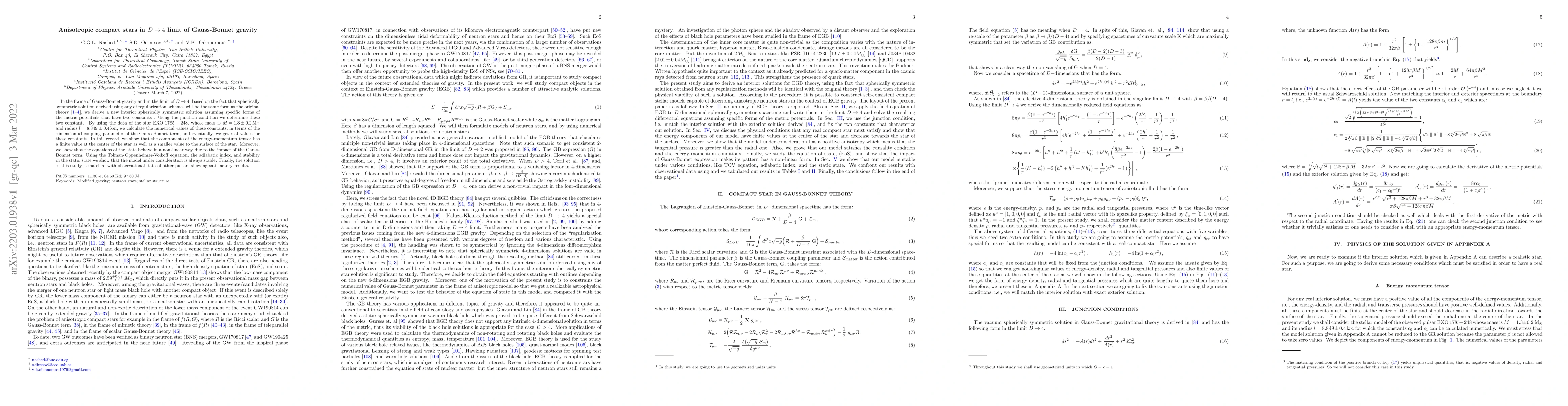 Thumbnail for Anisotropic compact stars in $D\rightarrow 4$ limit of Gauss-Bonnet
  gravity