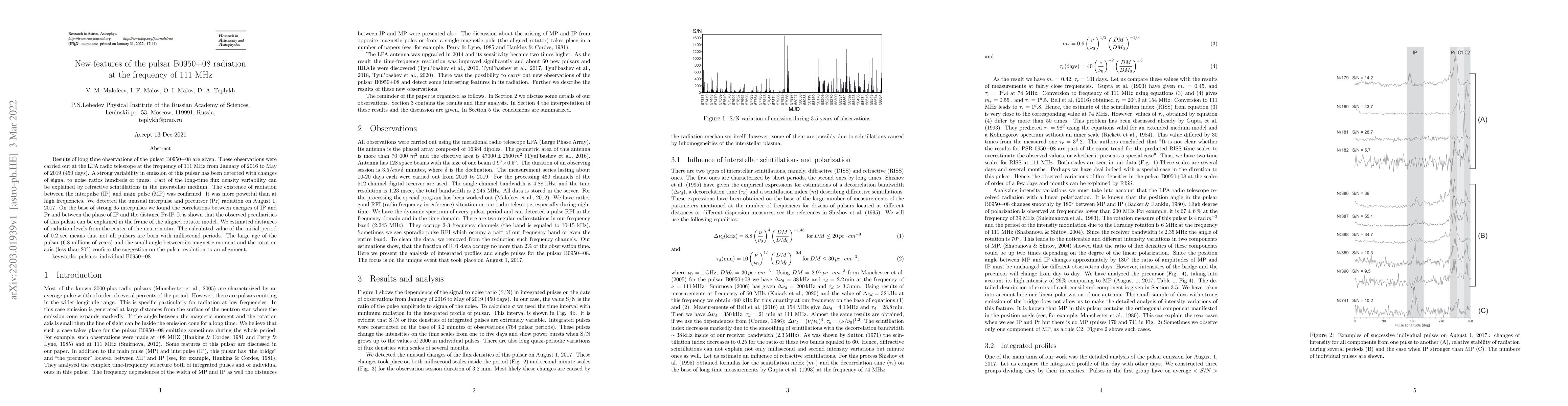 Thumbnail for New Features of the Pulsar B0950+08 Radiation at the Frequency of 111MHz