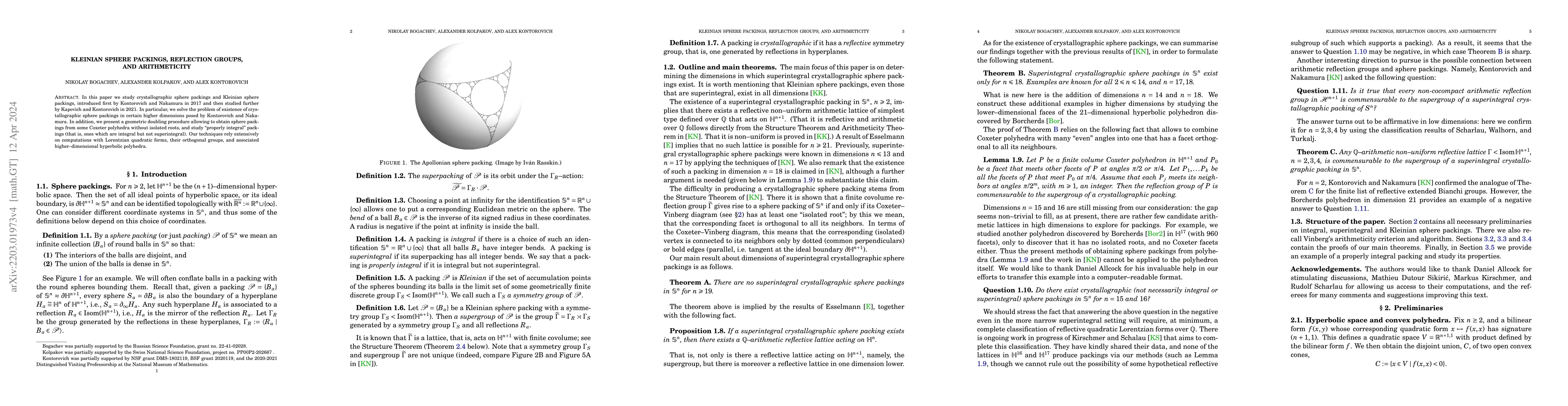 Thumbnail for Kleinian sphere packings, reflection groups, and arithmeticity