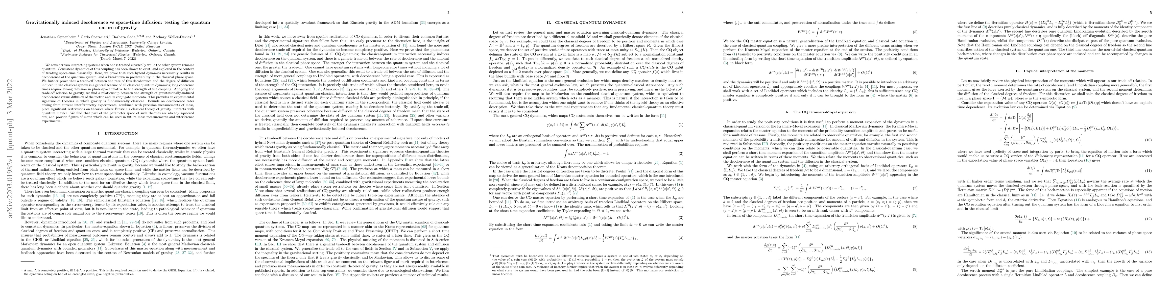 Thumbnail for Gravitationally induced decoherence vs space-time diffusion: testing the
  quantum nature of gravity