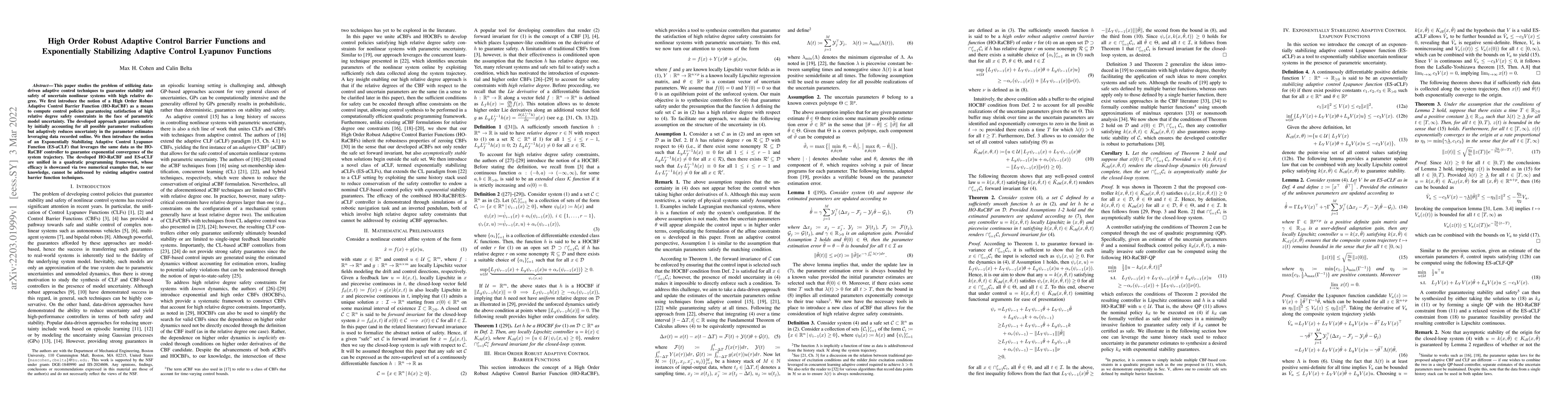 Thumbnail for High Order Robust Adaptive Control Barrier Functions and Exponentially
  Stabilizing Adaptive Control Lyapunov Functions