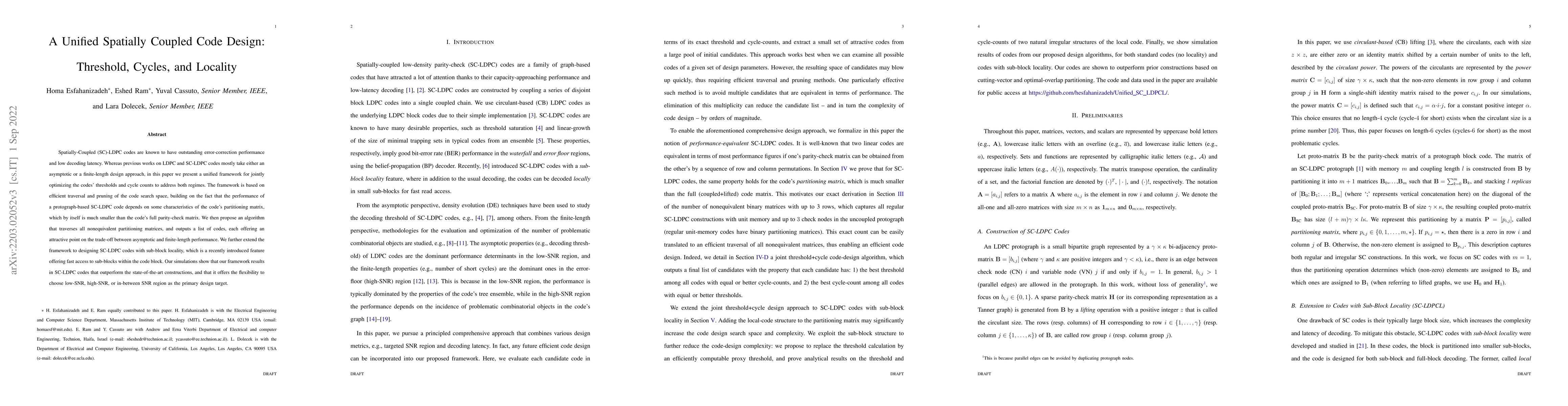 Thumbnail for A Unified Spatially Coupled Code Design: Threshold, Cycles, and Locality