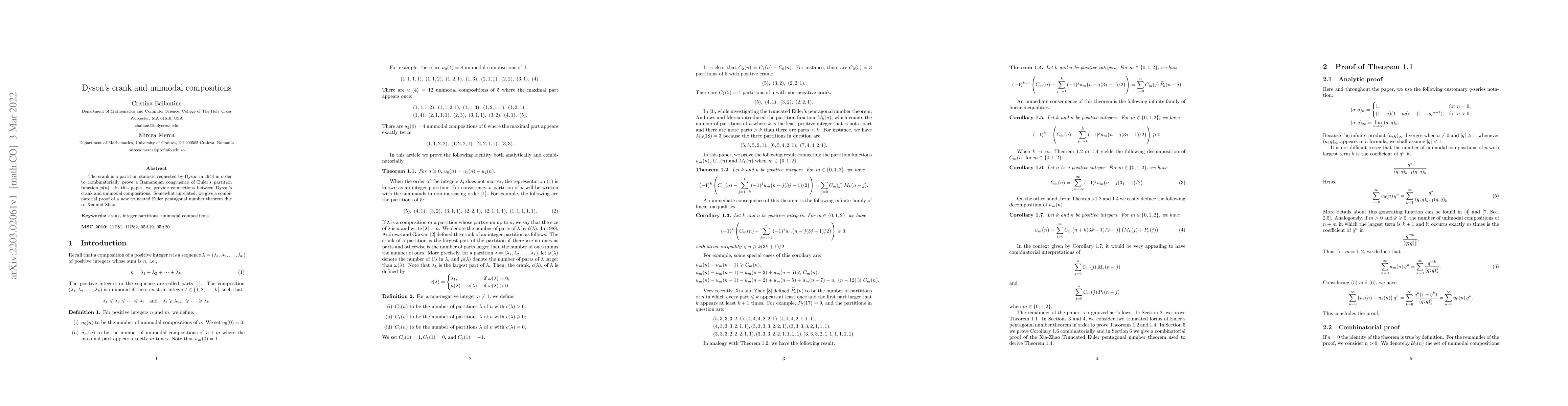 Thumbnail for Dyson's crank and unimodal compositions