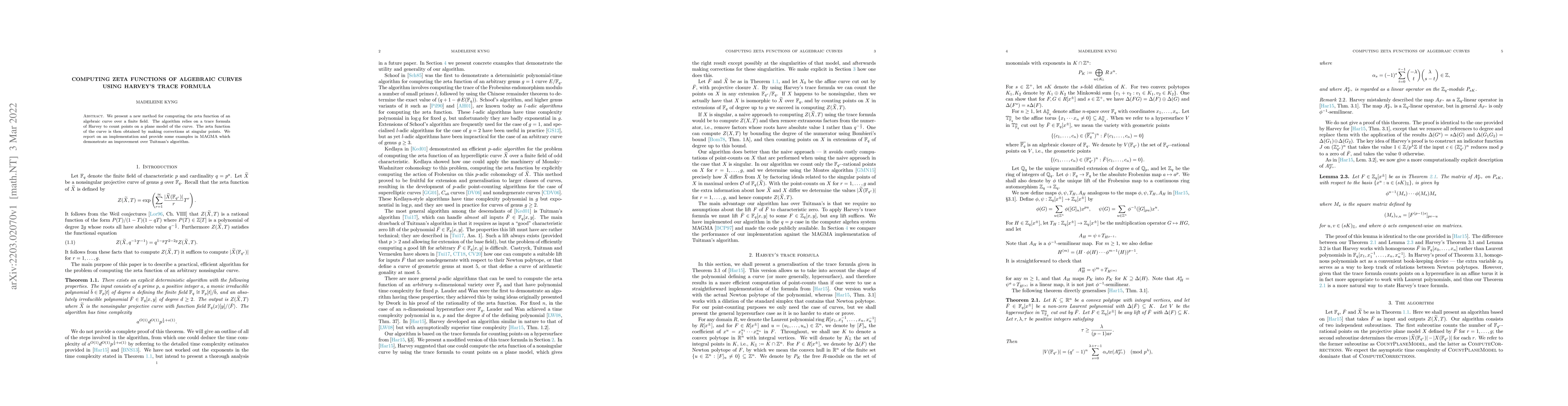 Thumbnail for Computing zeta functions of algebraic curves using Harvey's trace
  formula