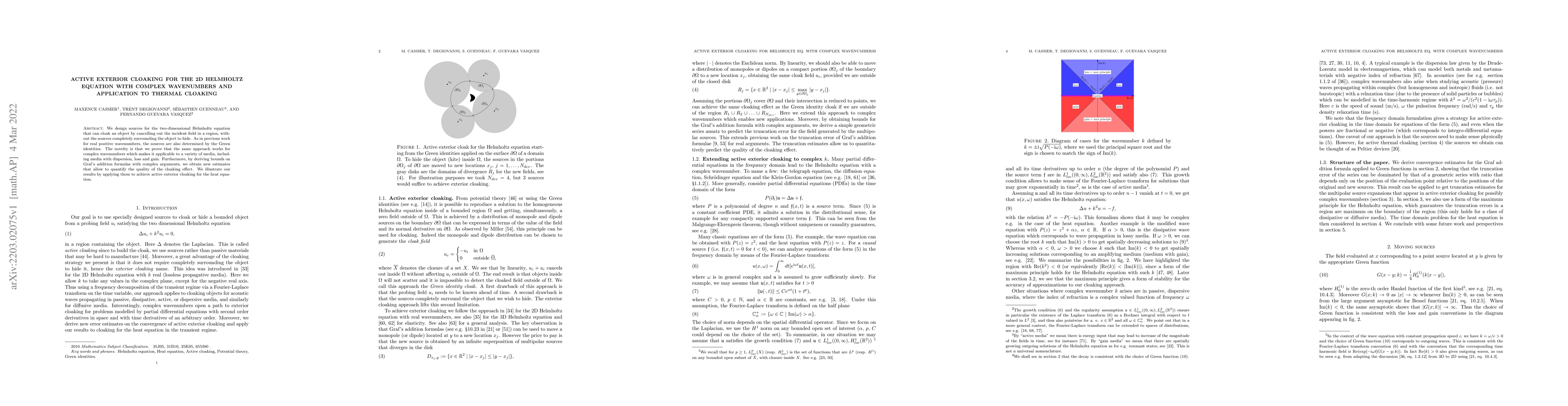 Thumbnail for Active exterior cloaking for the 2D Helmholtz equation with complex
  wavenumbers and application to thermal cloaking