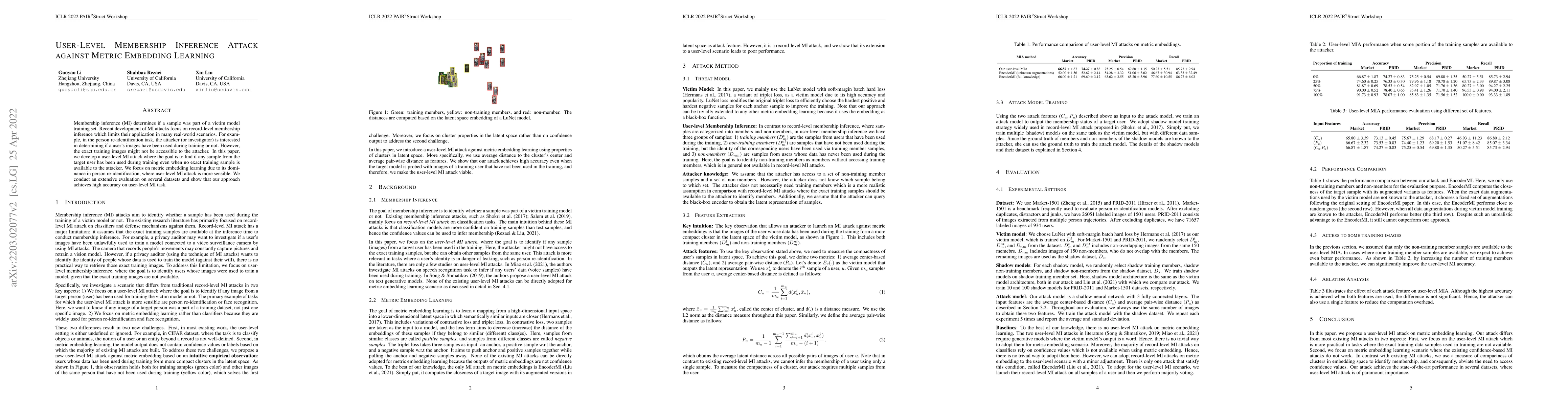 Thumbnail for User-Level Membership Inference Attack against Metric Embedding Learning
