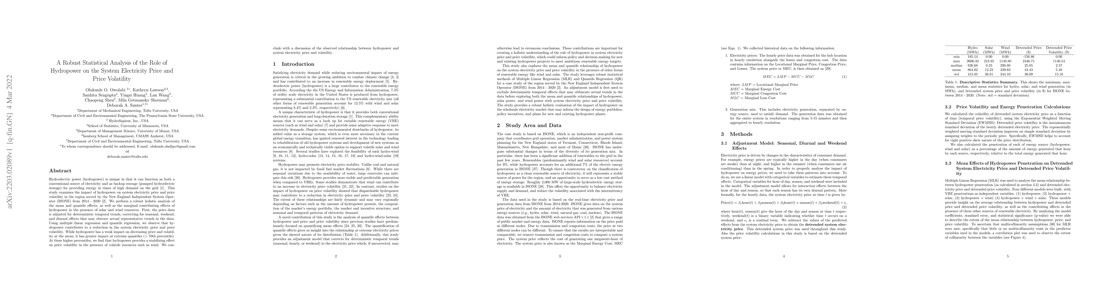 Thumbnail for A Robust Statistical Analysis of the Role of Hydropower on the System
  Electricity Price and Price Volatility