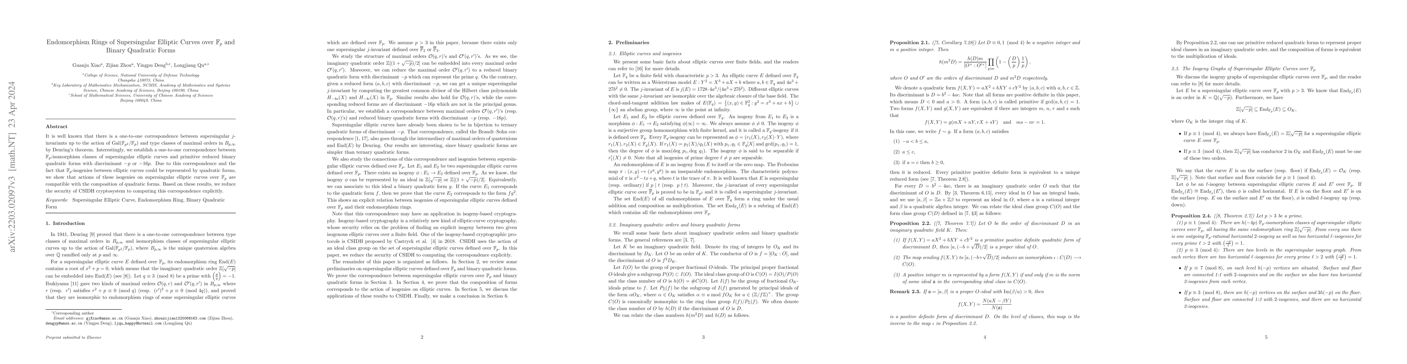 Thumbnail for The Endomorphism Rings of Supersingular Elliptic Curves over
  $\mathbb{F}_p$ and the Binary Quadratic Forms