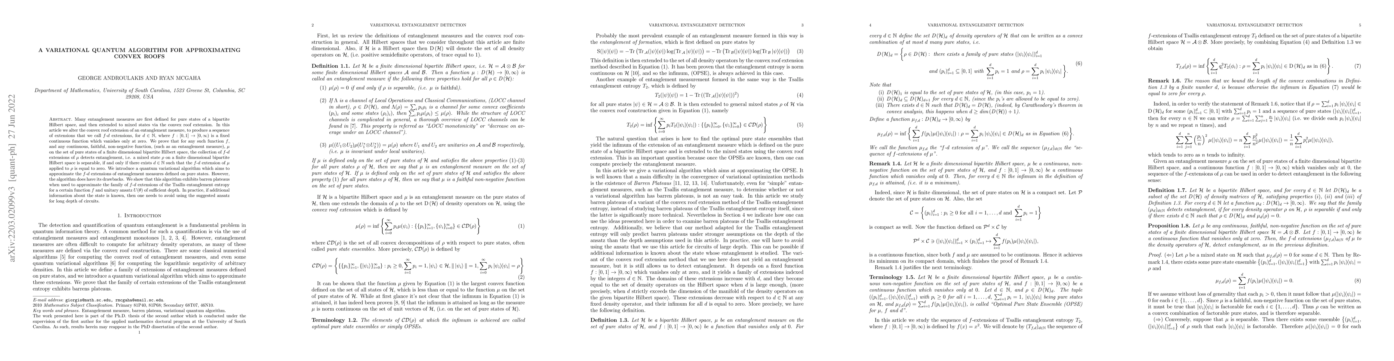 Thumbnail for A Variational Quantum Algorithm For Approximating Convex Roofs