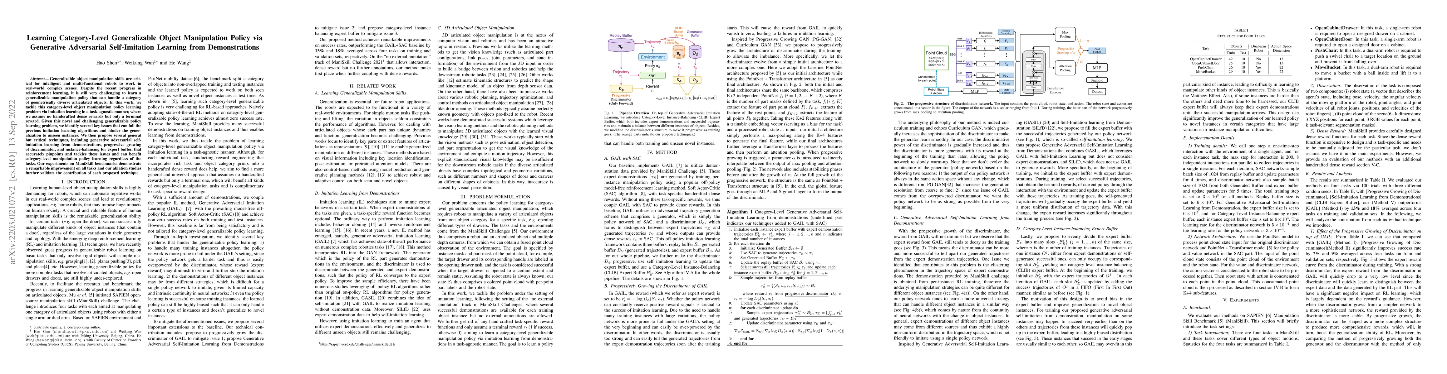 Thumbnail for Learning Category-Level Generalizable Object Manipulation Policy via
  Generative Adversarial Self-Imitation Learning from Demonstrations