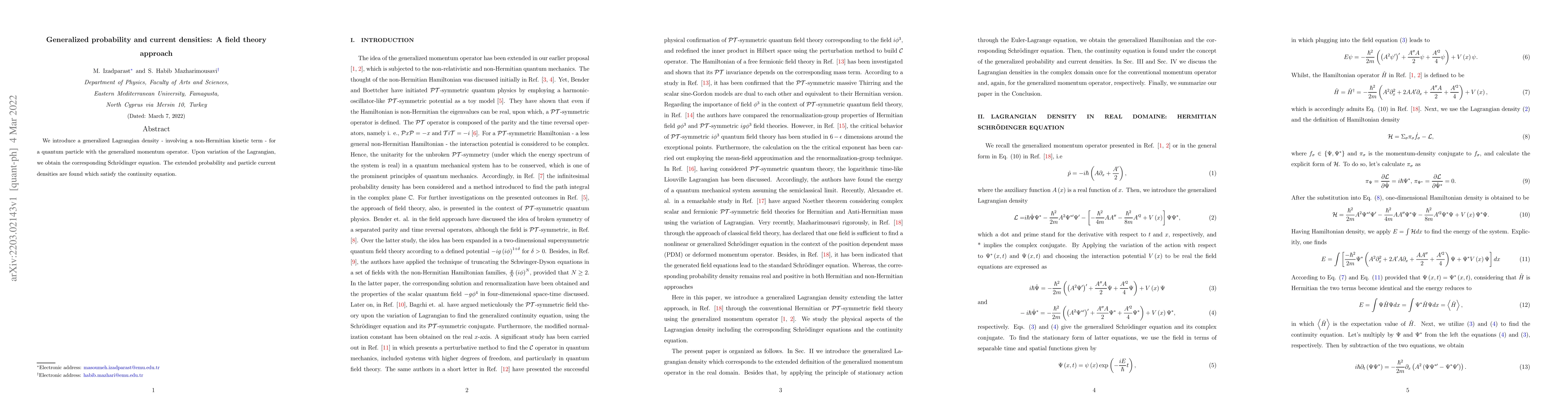 Thumbnail for Generalized probability and current densities: A Field theory