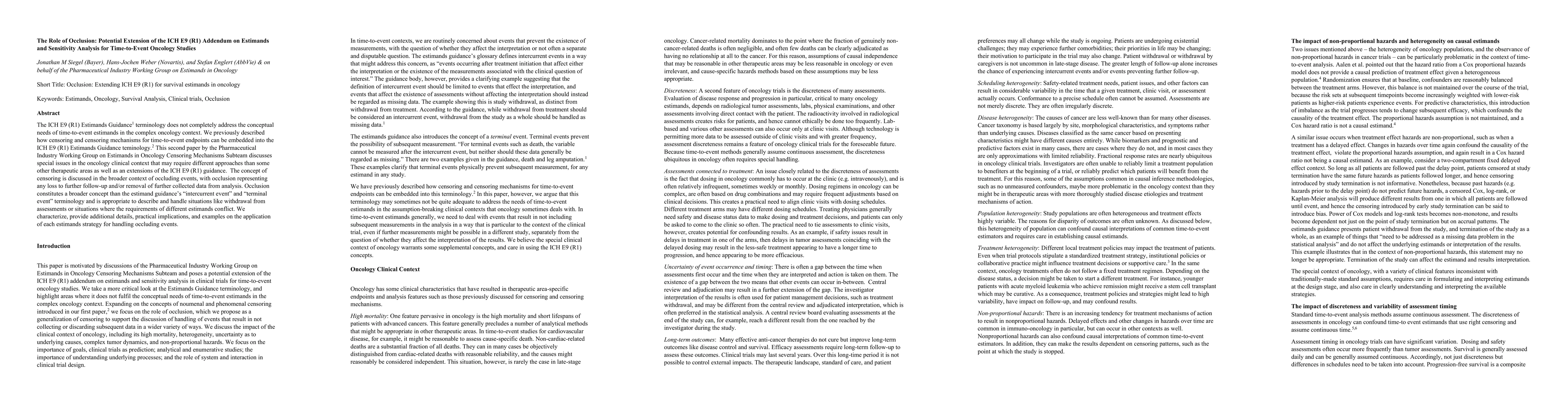 Thumbnail for The Role of Occlusion: Potential Extension of the ICH E9 (R1) Addendum
  on Estimands and Sensitivity Analysis for Time-to-Event Oncology Studies