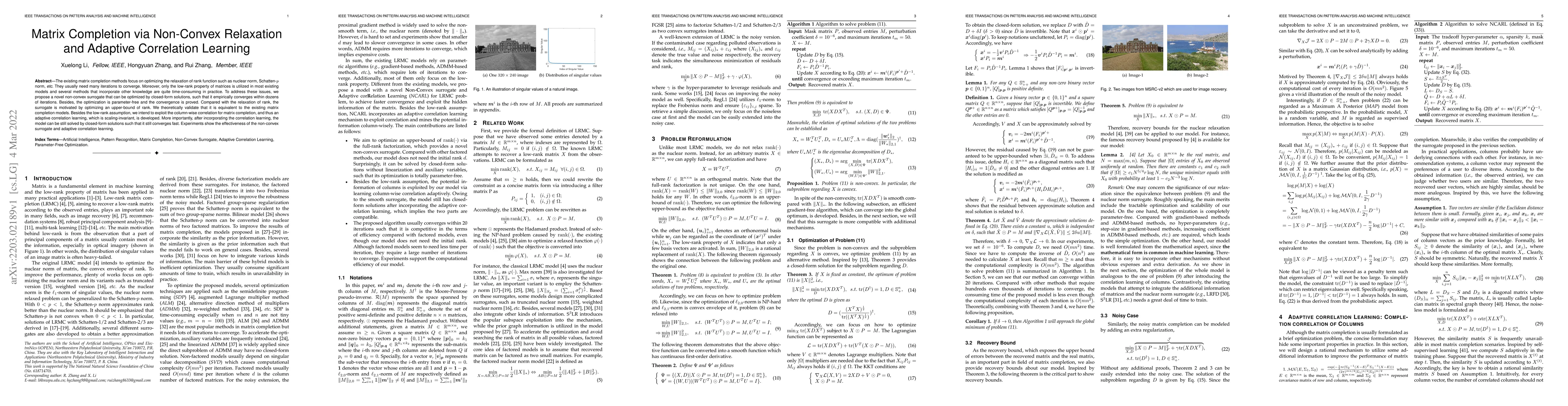 Thumbnail for Matrix Completion via Non-Convex Relaxation and Adaptive Correlation
  Learning