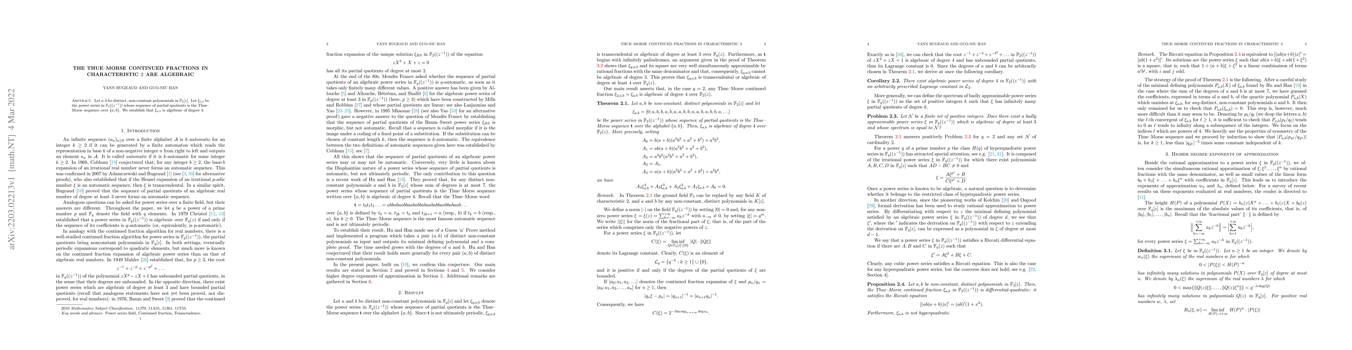 Thumbnail for The Thue-Morse continued fractions in characteristic $2$ are algebraic