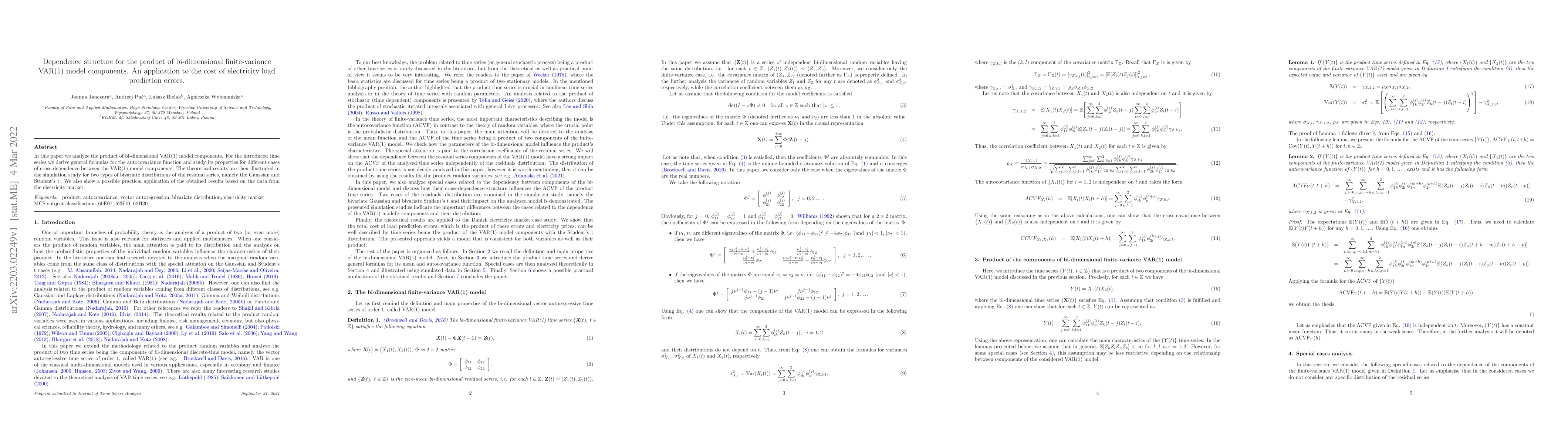 Thumbnail for Dependence structure for the product of bi-dimensional finite-variance
  VAR(1) model components. An application to the cost of electricity load
  prediction errors