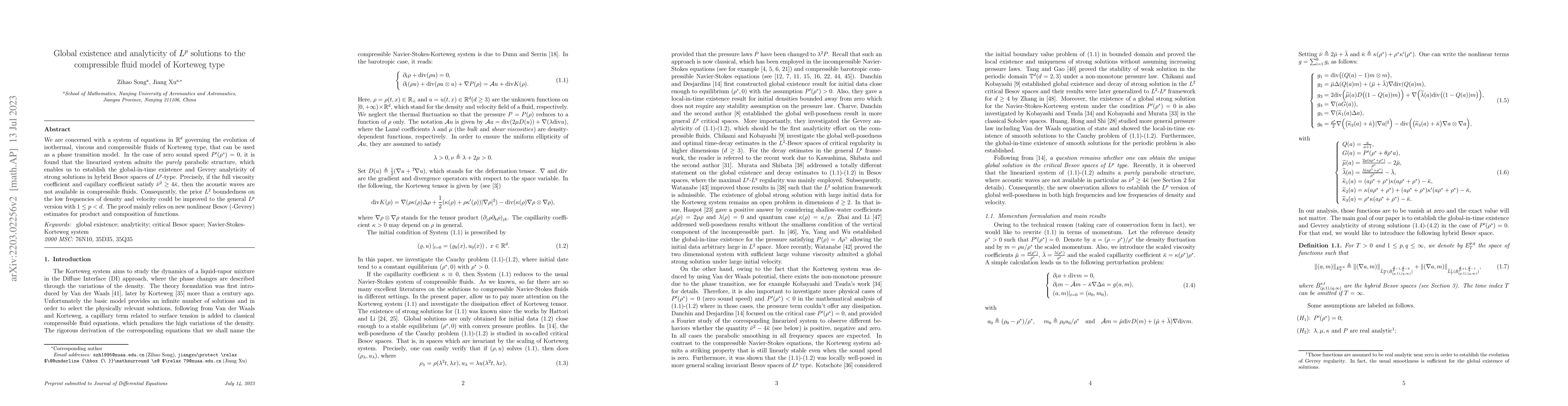 Thumbnail for Global existence and analyticity of $L^p$ solutions to the compressible
  fluid model of Korteweg type