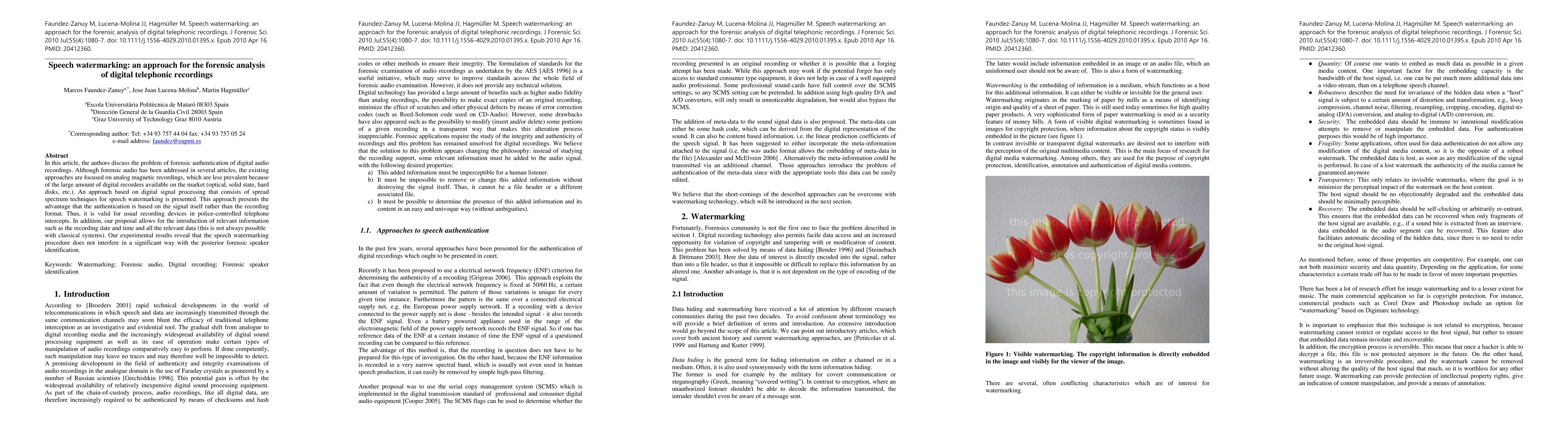 Thumbnail for Speech watermarking: an approach for the forensic analysis of digital
  telephonic recordings