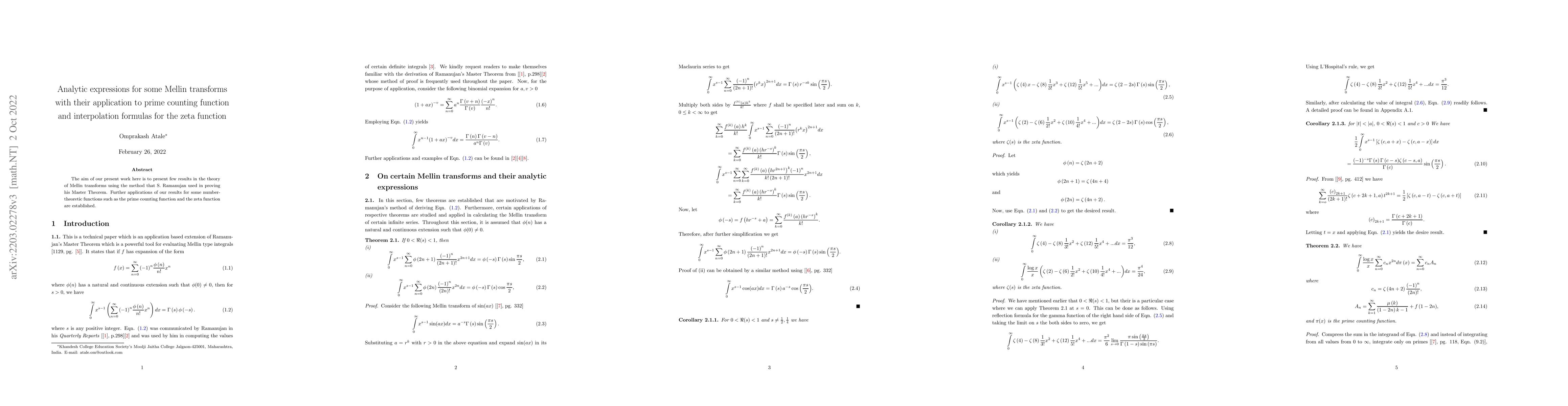 Thumbnail for Analytic expressions for some Mellin transforms with their application
  to prime counting function and interpolation formulas for the zeta function