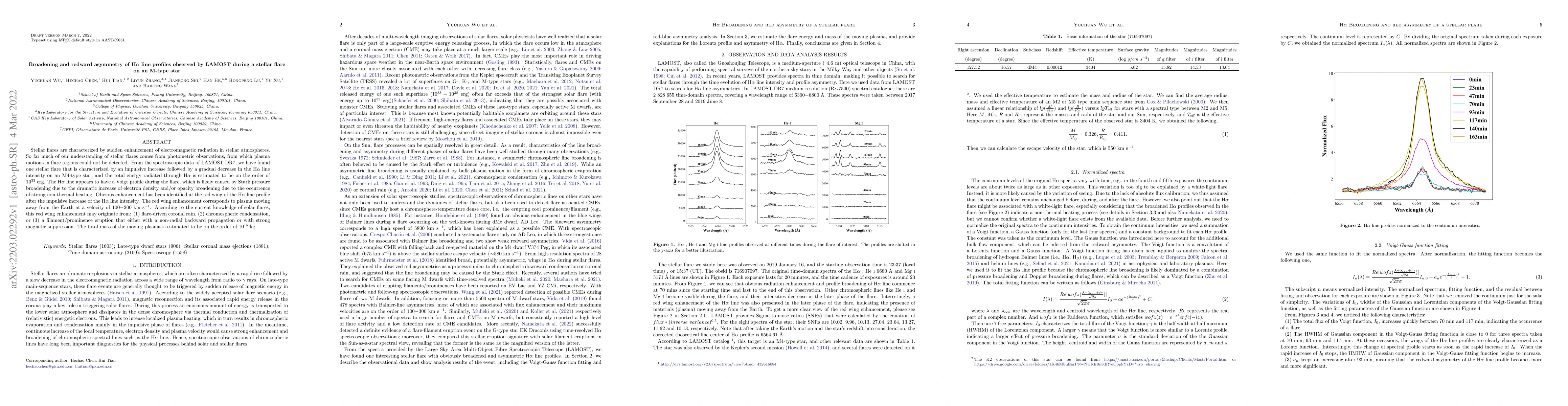 Thumbnail for Broadening and redward asymmetry of H$\alpha$ line profiles observed by
  LAMOST during a stellar flare on an M-type star