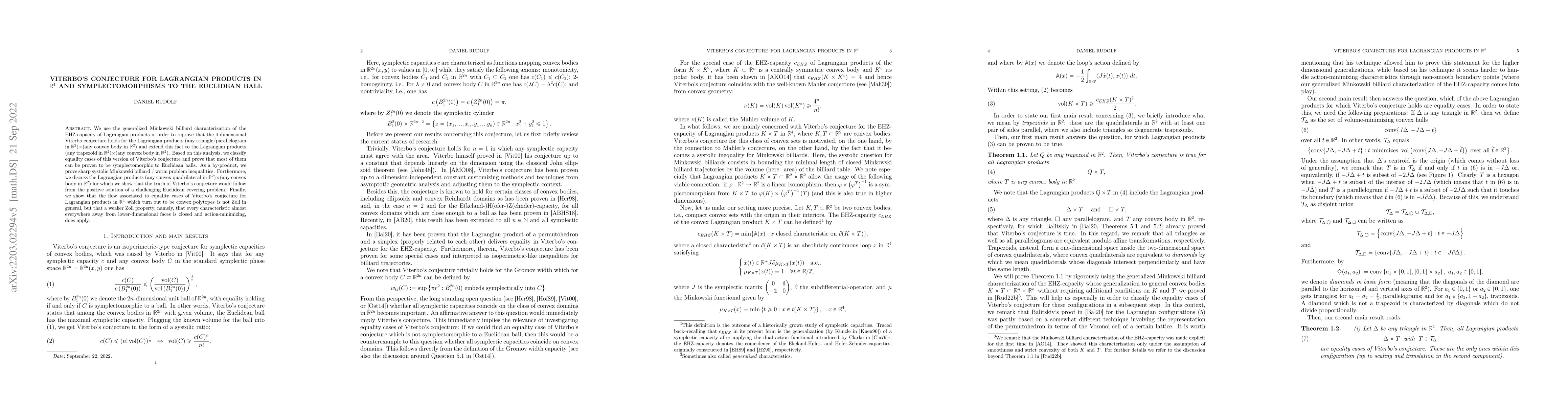 Thumbnail for Viterbo's conjecture for Lagrangian products in $\mathbb{R}^4$ and
  symplectomorphisms to the Euclidean ball